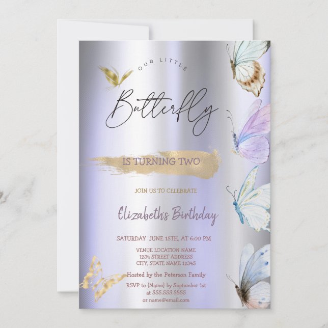 Colourful Butterflies Violet Metallic Birthday  Invitation (Front)