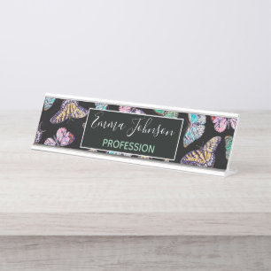 Colourful Butterflies Watercolor Painting Black Desk Name Plate