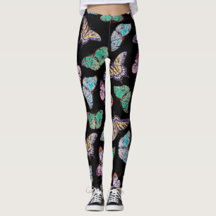 Colourful Butterflies Watercolor Painting Black Leggings