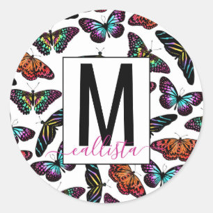 Colourful Butterflies Watercolor Pattern Monogram Classic Round Sticker