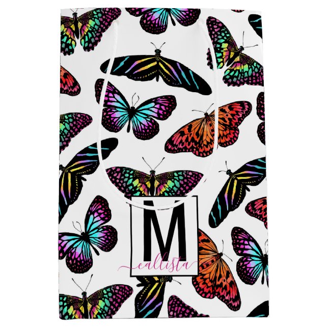 Colourful Butterflies Watercolor Pattern Monogram Medium Gift Bag (Front)