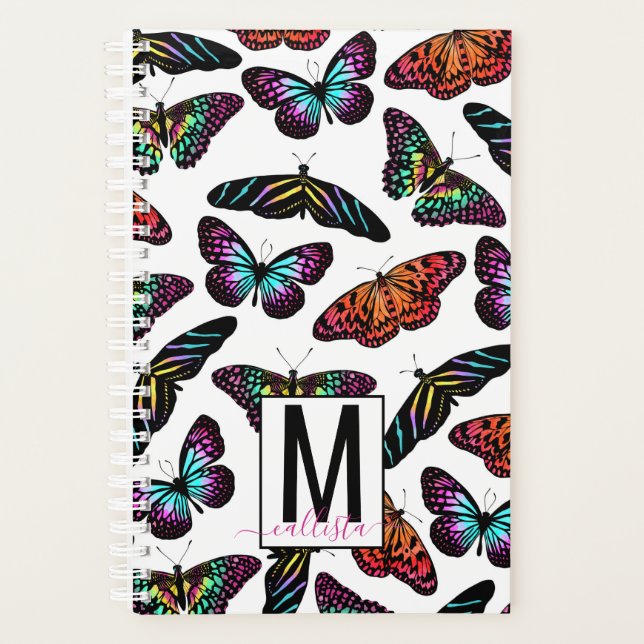 Colourful Butterflies Watercolor Pattern Monogram Planner (Front)