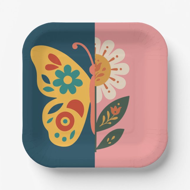 Colourful butterfly and flower Design Paper Plate (Front)