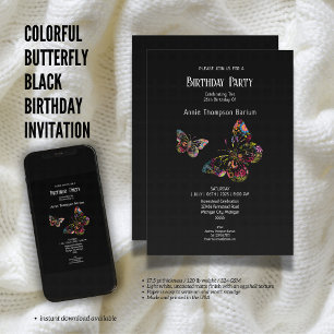 Colourful Butterfly Black Birthday Invitation