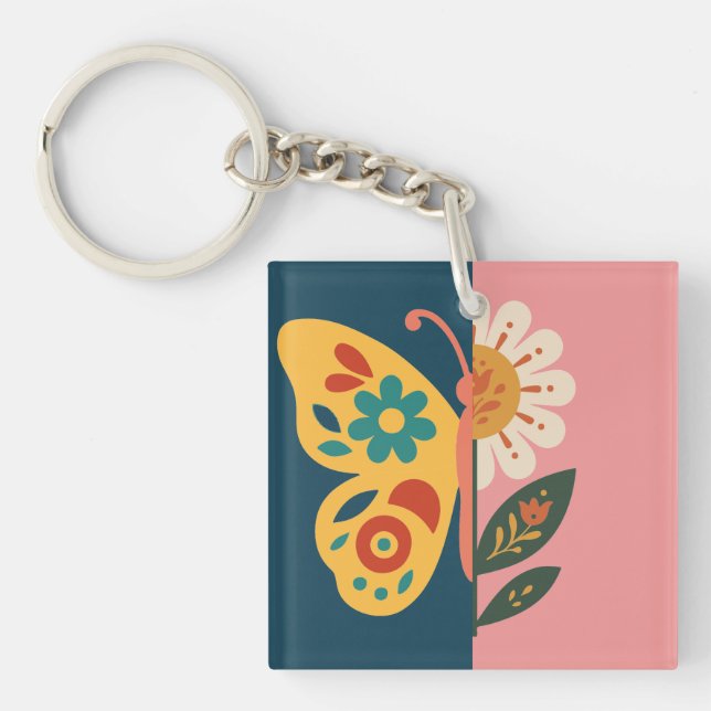 Colourful butterfly decoration with floral element key ring (Front)