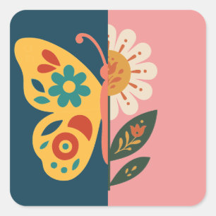 Colourful butterfly decoration with floral element square sticker