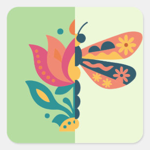 Colourful butterfly decoration with floral element square sticker