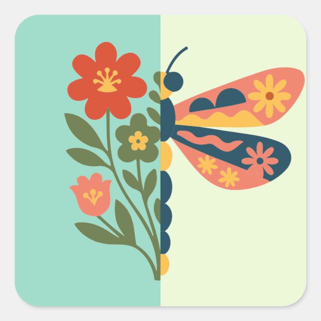 Colourful butterfly decoration with floral element square sticker (Front)