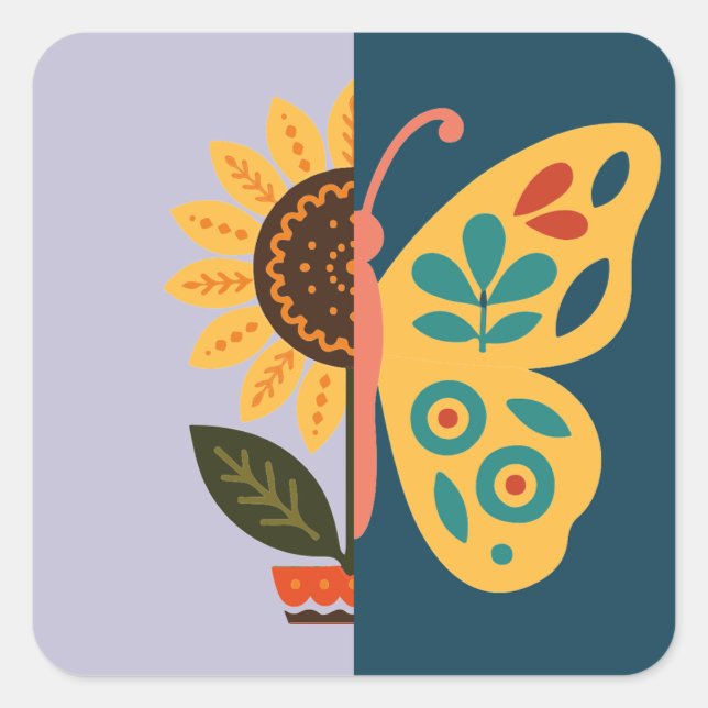Colourful butterfly decoration with floral element square sticker (Front)