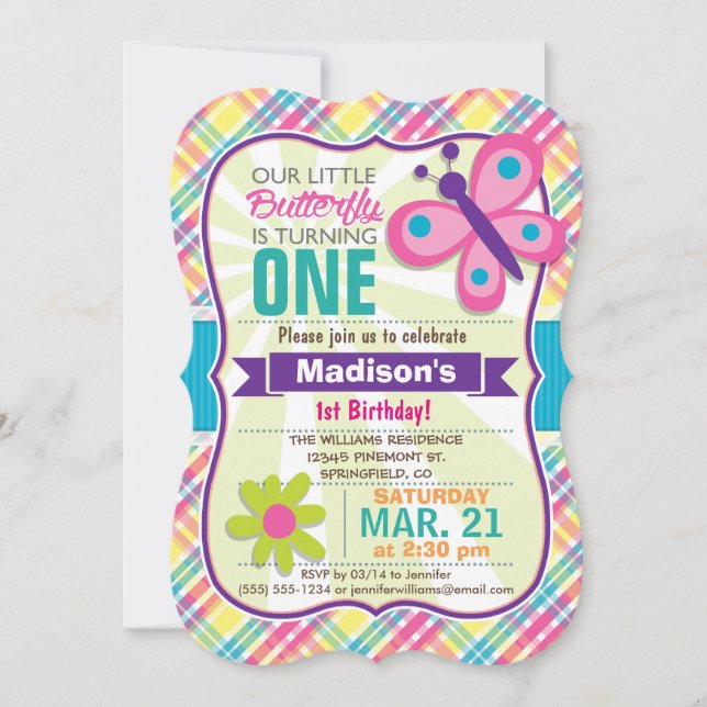 Colourful Butterfly & Flower, Plaid Birthday Party Invitation (Front)
