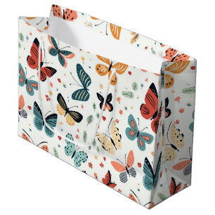 Colourful Butterfly, Flowers and Leaves Pattern Large Gift Bag