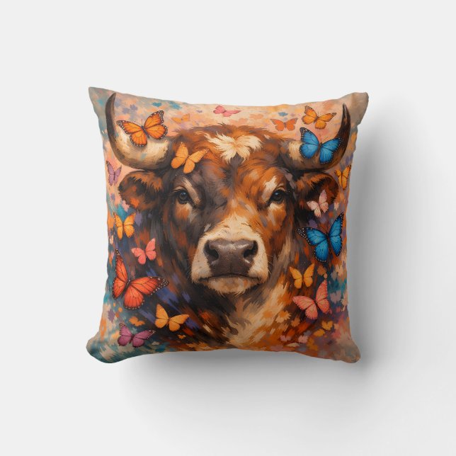 Colourful Butterfly Highland Bull Throw Pillow (Front)