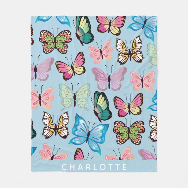 Colourful Butterfly Pattern Pastel Blue Custom Nam Fleece Blanket (Front)