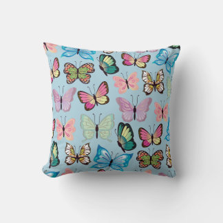 Colourful Butterfly Pattern Pastel Light Blue Cushion