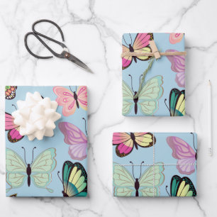 Colourful Butterfly Pattern Pastel Light Blue Wrapping Paper Sheet