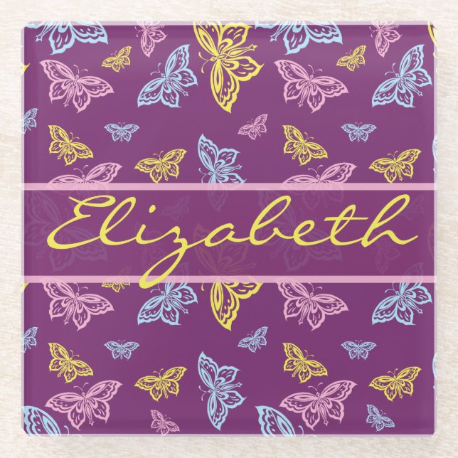 Colourful Butterfly Personalise Pattern Glass Coaster (Front)