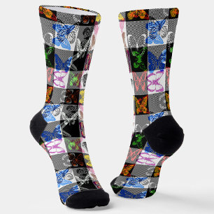 Colourful Butterfly Plaid Tartan Check Design Socks