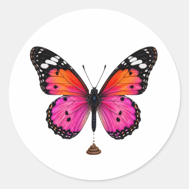 Colourful Butterfly Pooping Classic Round Sticker (Front)