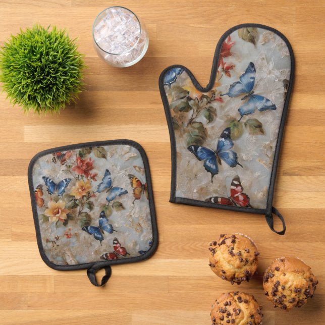 Colourful Butterfly Watercolor  Oven Mitt & Pot Holder Set (Top Down)