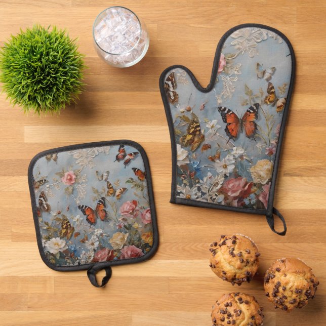 Colourful Butterfly Watercolor  Oven Mitt & Pot Holder Set (Top Down)