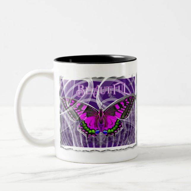 Colourful Butterfly with Swirls Two-Tone Coffee Mug (Left)