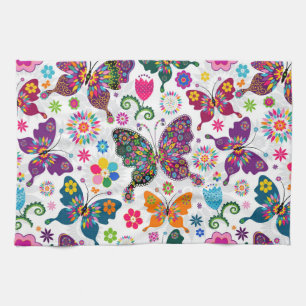 Colourful Butterfly's And Flowers Pattern Tea Towel