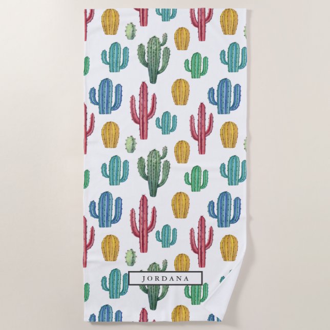 Colourful Cacti | Desert Theme Personalised Beach Towel (Front)