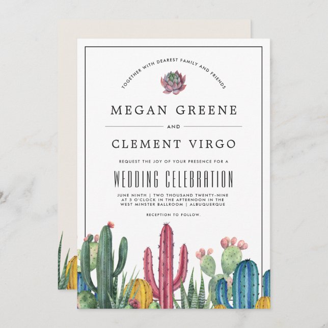 Colourful Cacti | Desert Theme Wedding Invitation (Front/Back)