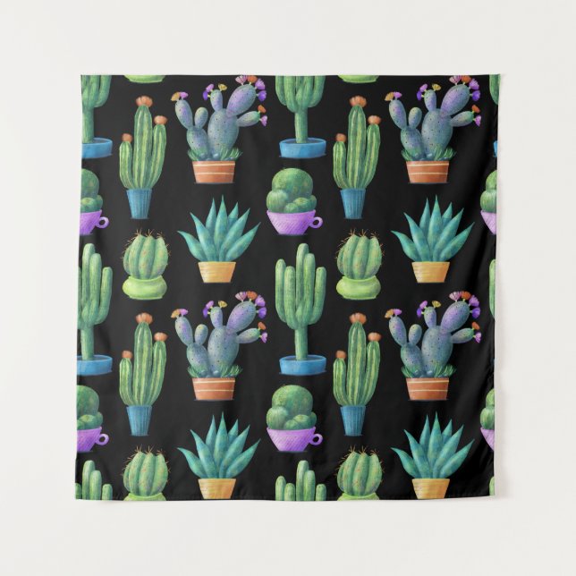 Colourful Cacti: Whimsical Seamless Design. Tapestry (Front)