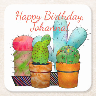 Colourful Cactus Garden Square Paper Coaster
