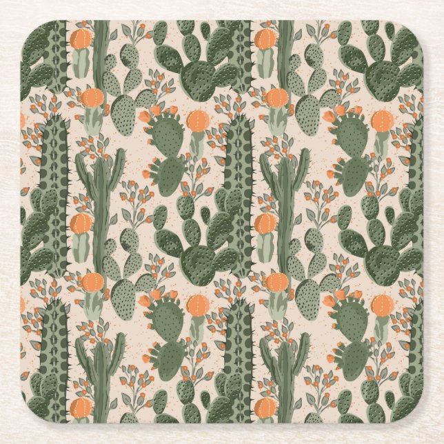 Colourful Cactus Pattern Square Paper Coaster (Front)