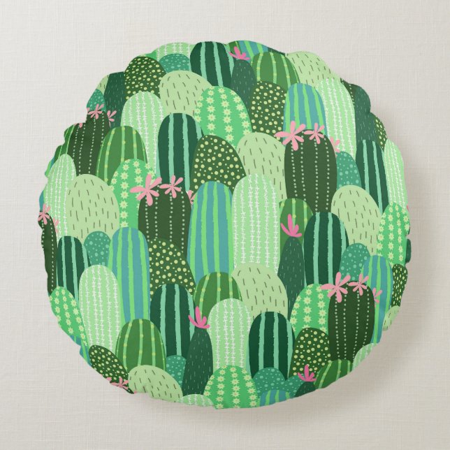 Colourful Cactus Seamless Pattern Illustration Round Cushion (Front)