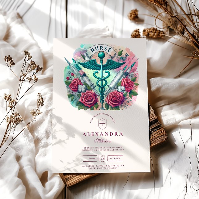 Colourful Caduceus Nurse Graduation with Syringes  Invitation (Creator Uploaded)