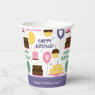 Colourful Cake Pattern Happy Birthday w/ Name Paper Cups