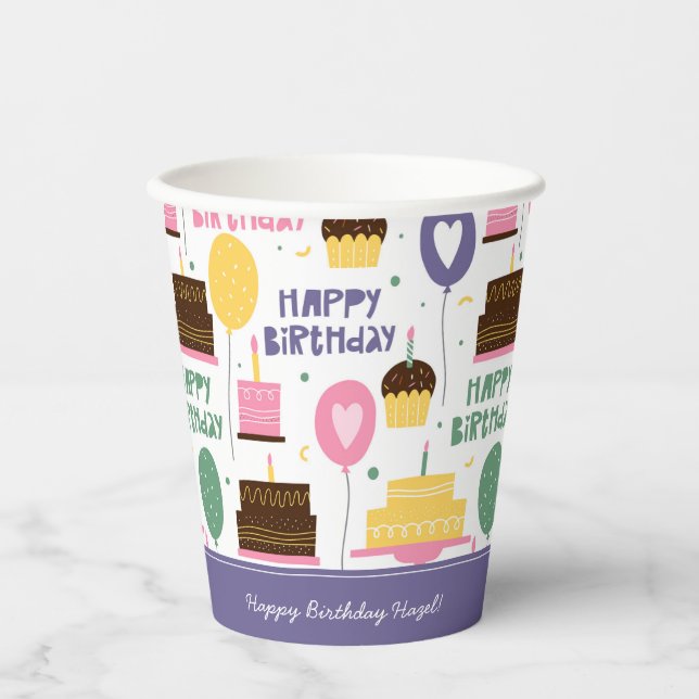 Colourful Cake Pattern Happy Birthday w/ Name Paper Cups (Front)