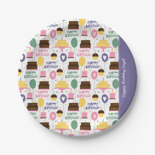 Colourful Cake Pattern Happy Birthday w/ Name Paper Plate