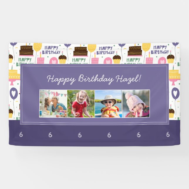 Colourful Cake Pattern Happy Birthday w/ Name Phot Banner (Horizontal)