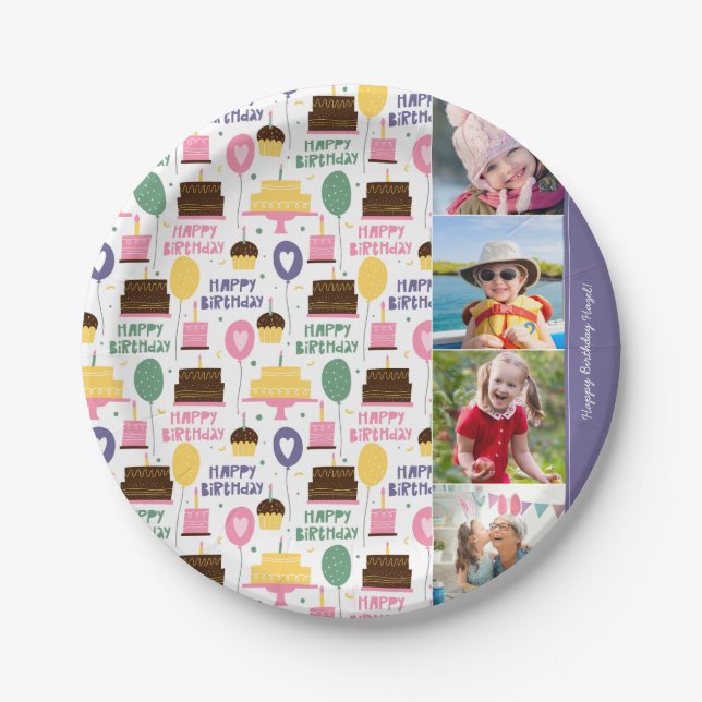 Colourful Cake Pattern Happy Birthday w/ Name Phot Paper Plate (Front)