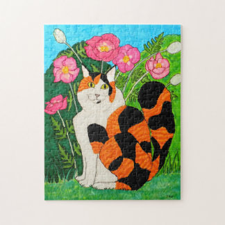 Colourful Calico Cat Pink Oriental Poppies Unique Jigsaw Puzzle