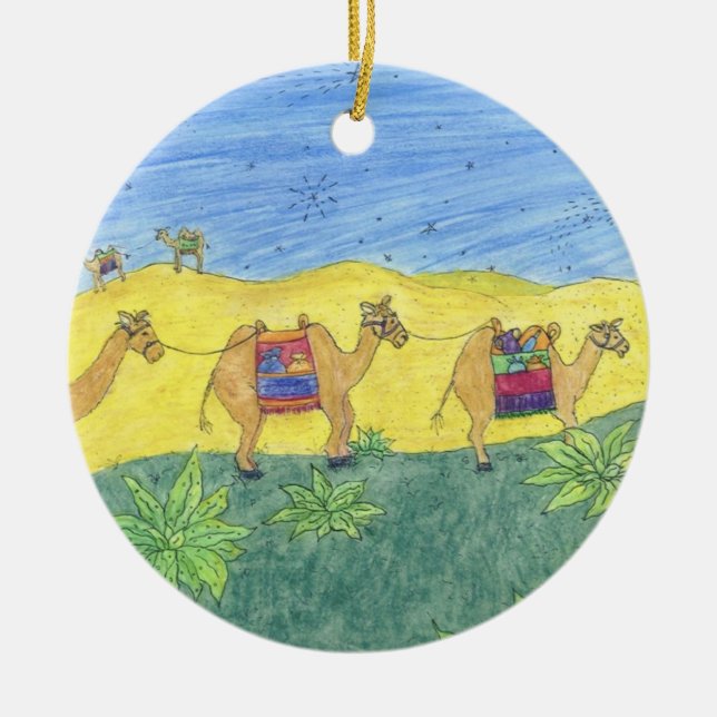 Colourful Camels Ceramic Tree Decoration (Front)