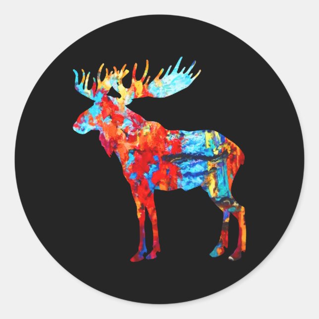 Colourful Canadian Moose Abstract Paint Wildlife N Classic Round Sticker (Front)