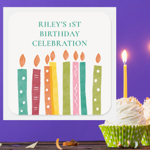 Colourful Candles Modern Classic First Birthday Square Sticker