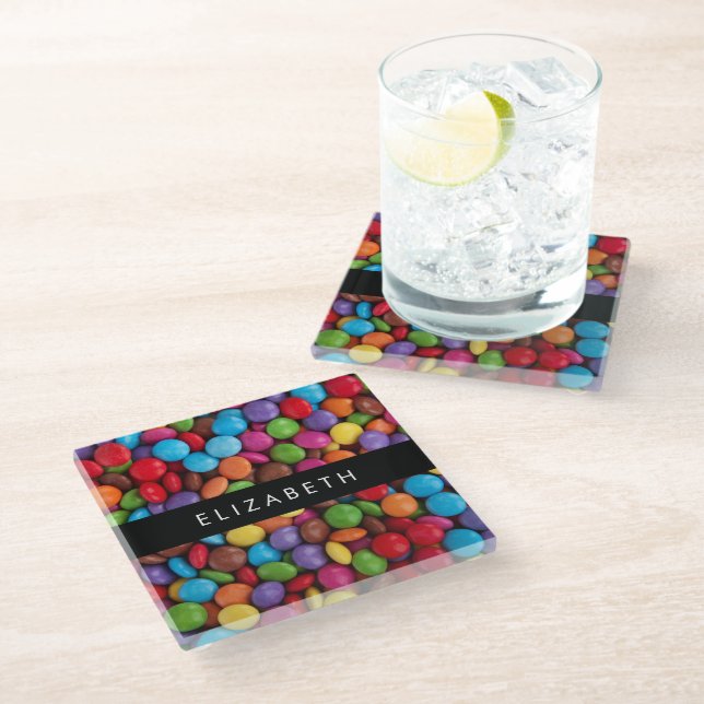 Colourful Candy, Candy Buttons, Sweets, Your Name Glass Coaster (Angled)