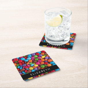 Colourful Candy, Candy Buttons, Sweets, Your Name Square Paper Coaster