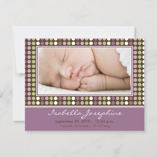 Colourful Candy Dots Birth Announcement (lilac) (Front)