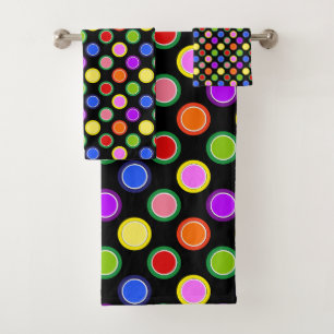 Colourful Candy Fruit Oversized Polka Dots on Blac Bath Towel Set