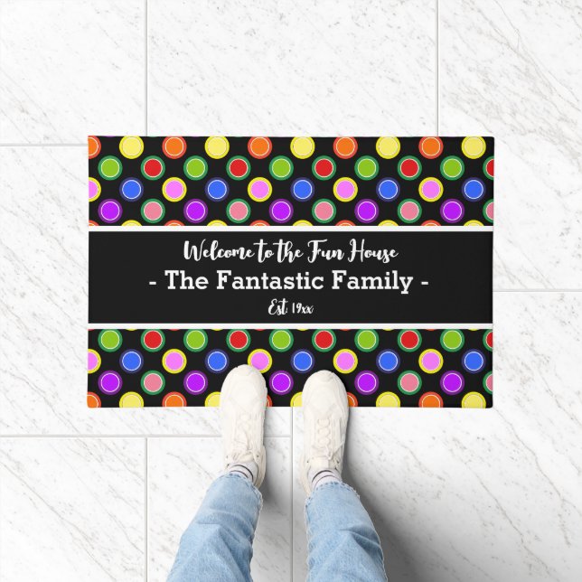 Colourful Candy Polka Dots on Black Personalised Doormat (Indoor)