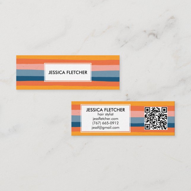 Colourful Candy Stripes Minimalist Chic QR Code Mini Business Card (Front/Back)