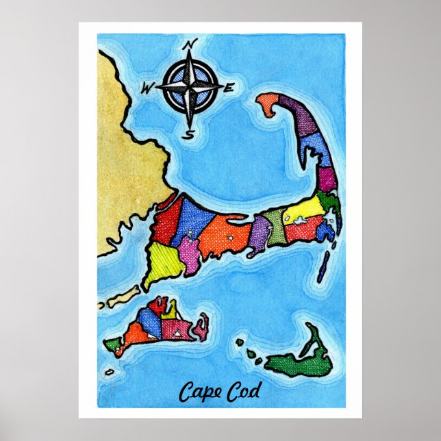 Colourful Cape Cod Map Poster (Front)