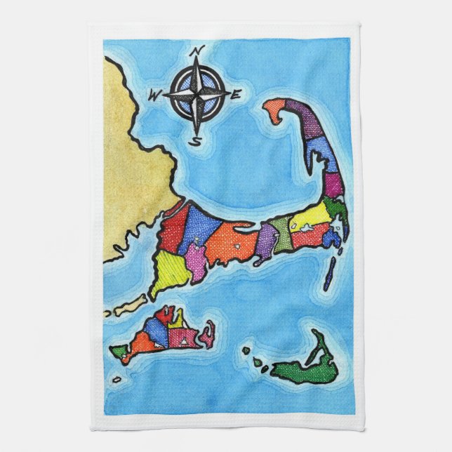 Colourful Cape Cod Map Tea Towel (Vertical)